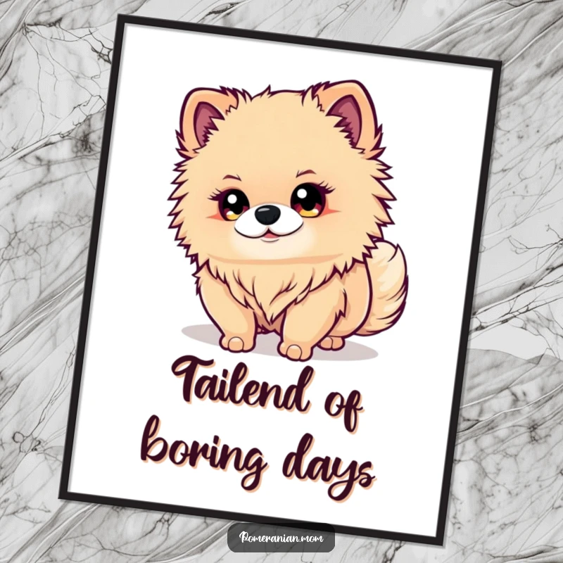 Funny Free Printable Kawaii Pomeranian Wall Art: Cute dog with sparkling eyes intently watches its own wagging tail. Downloadable art.