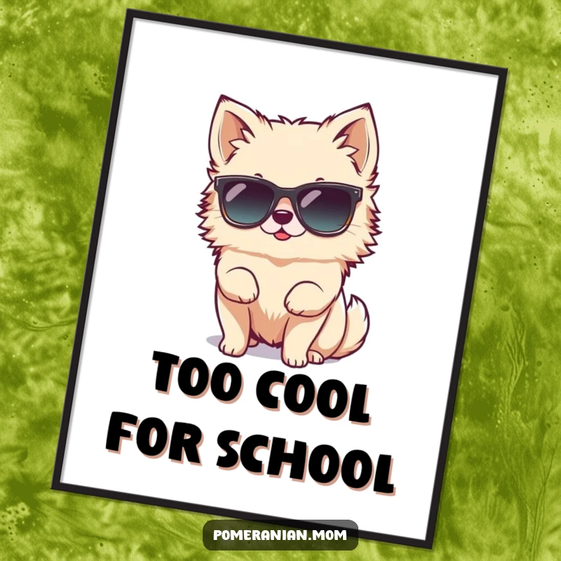 Funny Free Printable Wall Art of a tiny Pomeranian character attempting to wear oversized sunglasses, exuding cool confidence.