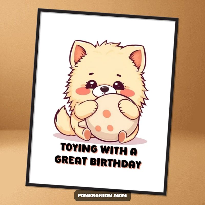 Funny Free Printable Kawaii Pomeranian Wall Art: Adorable dog hugs a comically large squeaky toy with pure delight. Downloadable art.