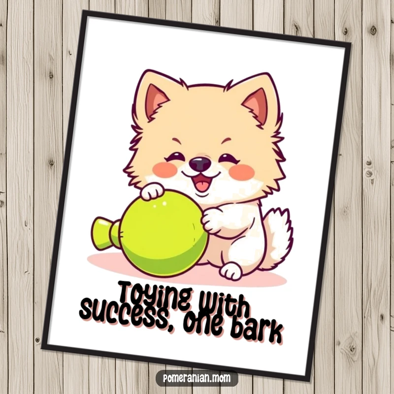 Funny Free Printable Wall Art: A cute kawaii pomeranian yipping excitedly at a favorite toy, full of playful energy.
