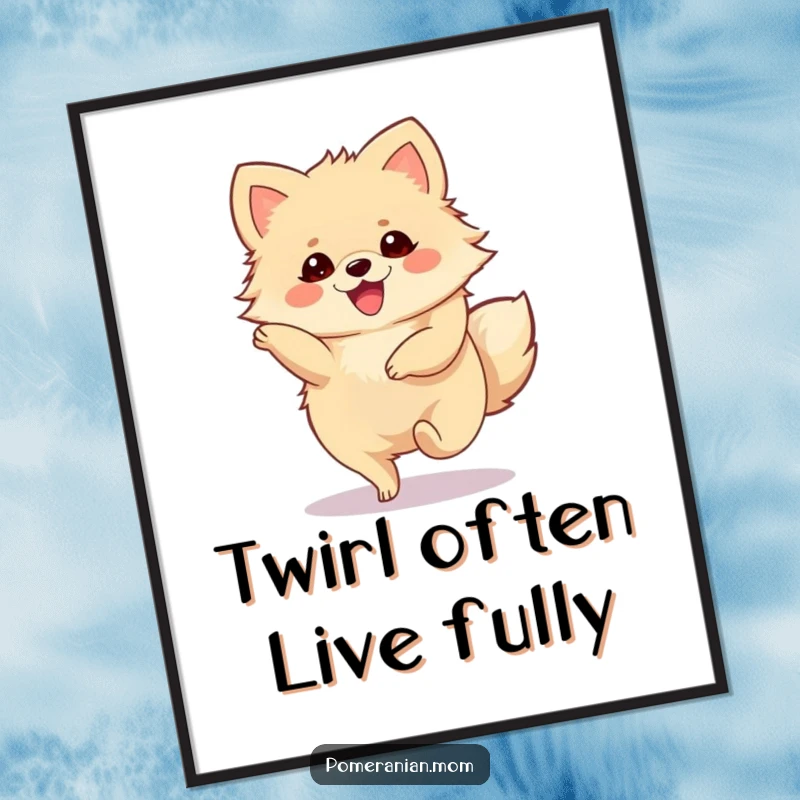 Funny Free Printable Pomeranian Wall Art: A cute Pomeranian character performing a joyous, spinning twirl with glee.
