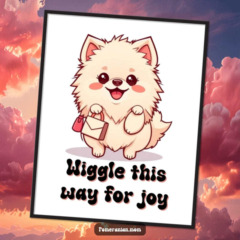 Funny Free Printable Kawaii Pomeranian Wall Art: Cute dog wiggles happily while carrying a miniature handbag. Downloadable art.