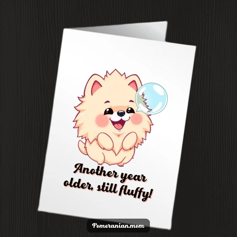 Funny Free Printable Birthday Card: Kawaii Pomeranian joyfully barking at a floating bubble, celebrating with glee.