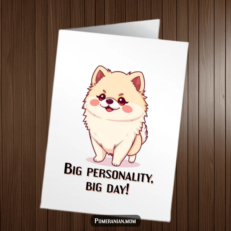 Free Printable Birthday Card: A tiny Kawaii Pomeranian struts with immense confidence, showing off its massive personality.