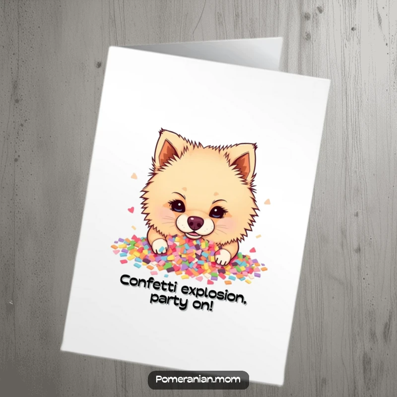 Funny Free Printable Birthday Card: Pomeranian dives nose-first into a vibrant pile of confetti, conveying pure party excitement.