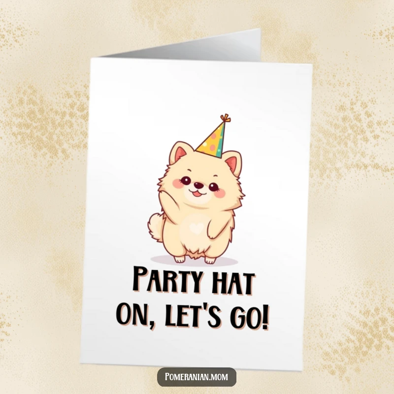 Funny Free Printable Birthday Card: Kawaii Pomeranian adorably balancing a small, festive party hat with a smile.