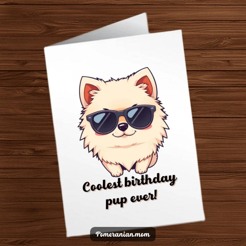 Funny Free Printable Birthday Card: A kawaii Pomeranian sports tiny sunglasses, delivering a suave wink for a stylish birthday.