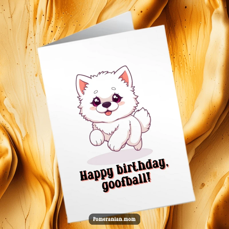Funny Free Printable Birthday Card: Fluffy white dog with wide eyes hilariously chases its own tail in a dizzying circle, celebrating.
