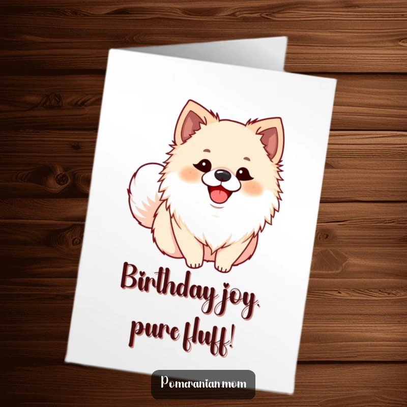 Funny Free Printable birthday card featuring a Pomeranian with an ecstatic smile and furiously wagging tail, pure downloadable joy.
