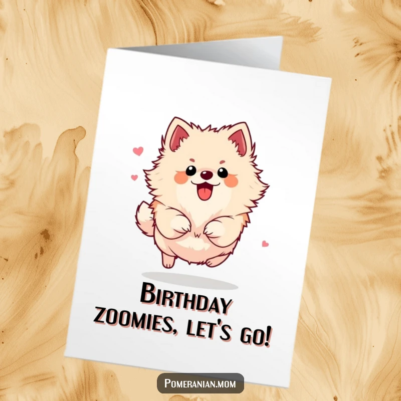 Funny Free Printable Birthday Card: A happy Pomeranian leaping through the air with uncontainable energy and joy.