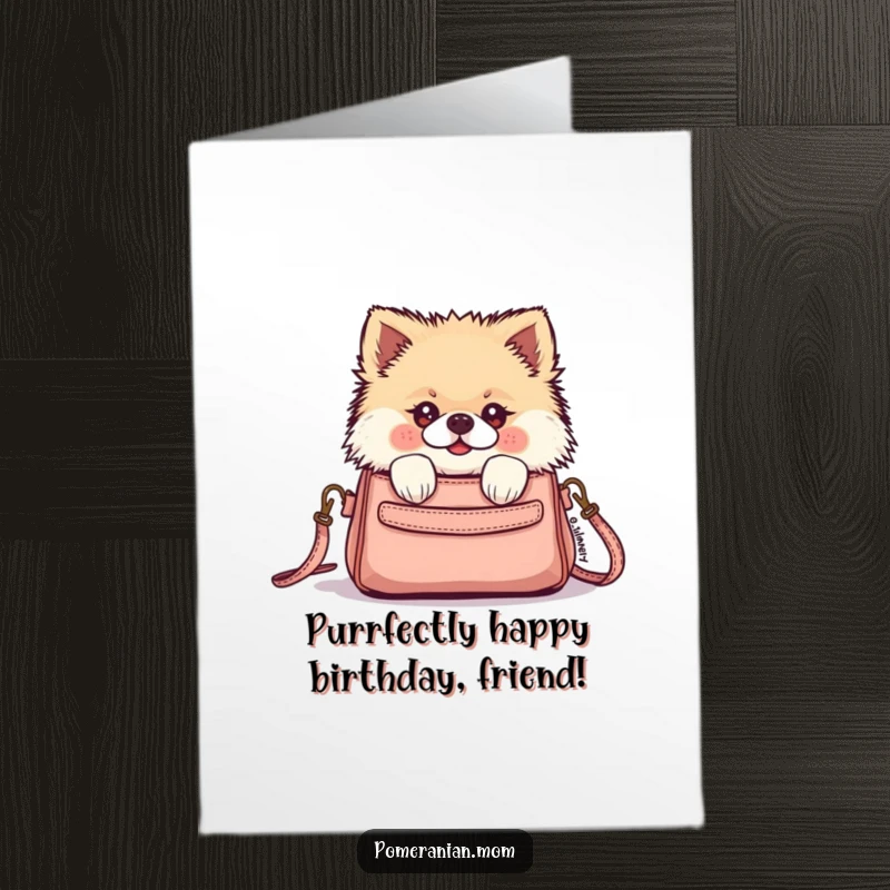 Funny Free Printable Birthday Card featuring a kawaii Pomeranian peeking curiously out of a tiny purse, ready for cake.
