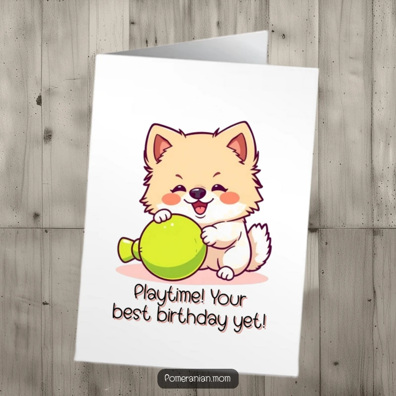 Funny Free Printable Birthday Card: A kawaii pomeranian playfully yipping with excitement directly at a target toy.