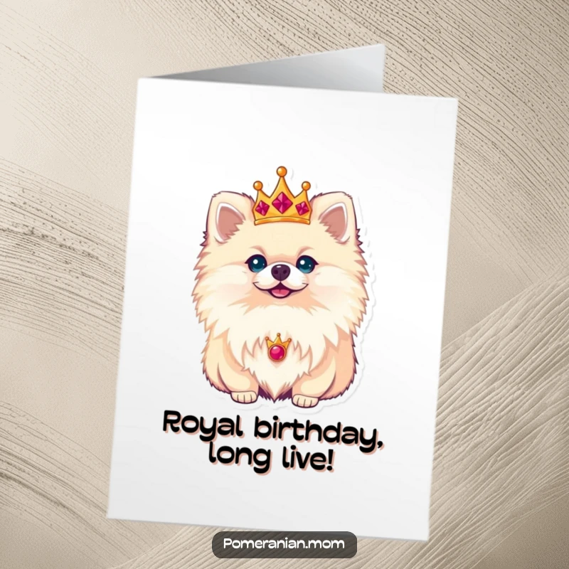 Funny Free Printable Birthday Card: A distinguished Pomeranian sporting a tiny golden crown, exuding royal charm.