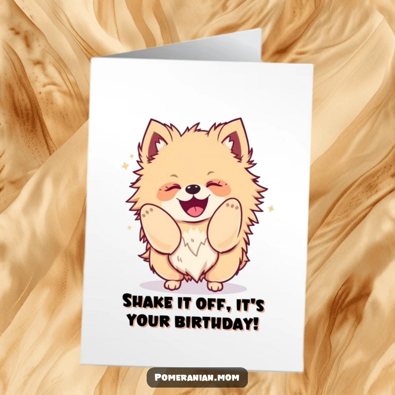 Funny Free Printable Birthday Card: Kawaii Pomeranian playfully shaking its whole body with infectious glee and energy.