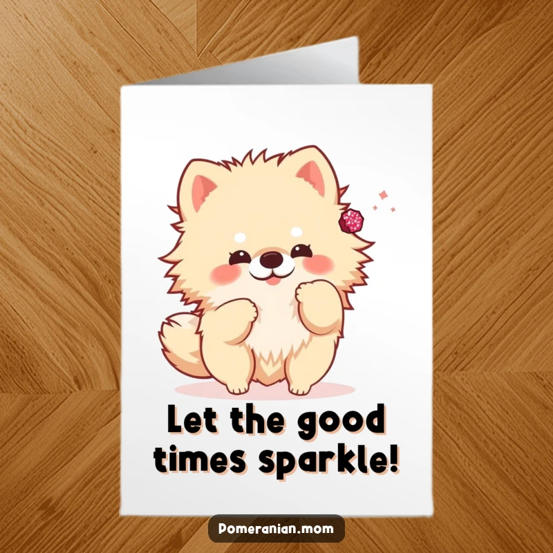Funny Free Printable Birthday Card: Kawaii Pomeranian playfully tossing a tiny, sparkly accessory with excitement.