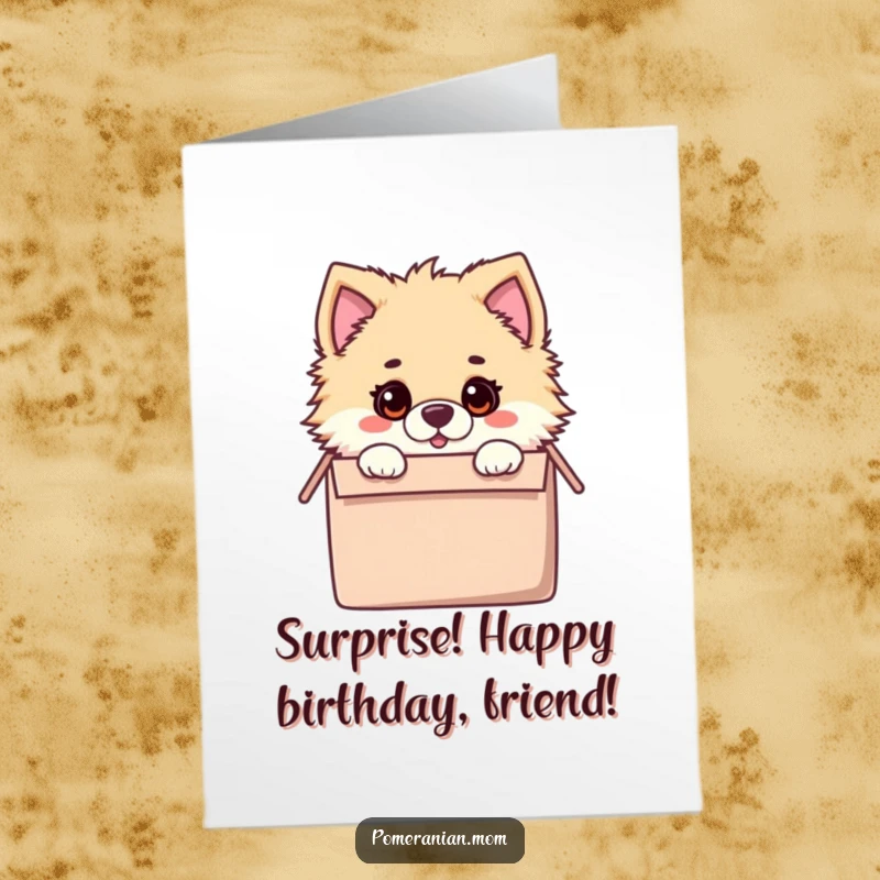 Funny Free Printable Birthday Card: Kawaii Pomeranian with a surprised expression, peeking from inside a toy box.