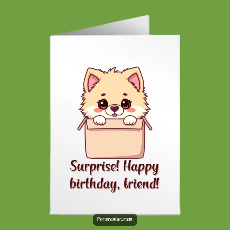 Free Printable Birthday Card: Surprised Pomeranian Toy Box, Funny Dog Downloadable Gift