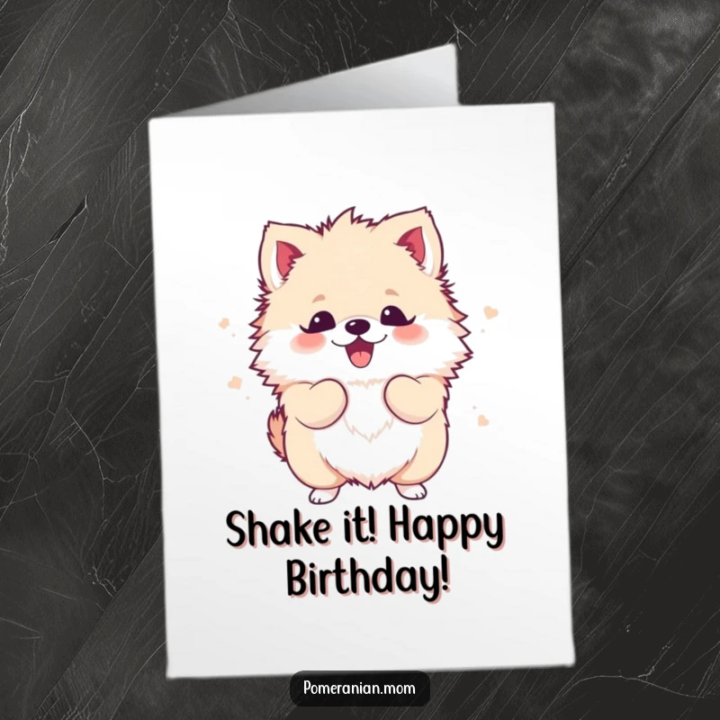 Free Printable Birthday Card: A super cute Kawaii Pomeranian shaking its fluffy body with pure, unadulterated excitement.