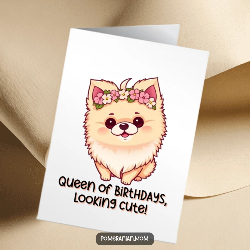 Funny Free Printable Birthday Card: Kawaii Pomeranian with a perky tilt, wearing a miniature flower crown.
