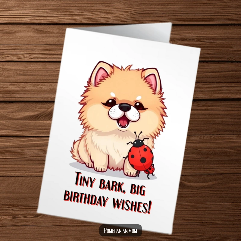 Funny Free Printable Birthday Card of a kawaii Pomeranian bravely barking at a tiny ladybug, full of playful energy.
