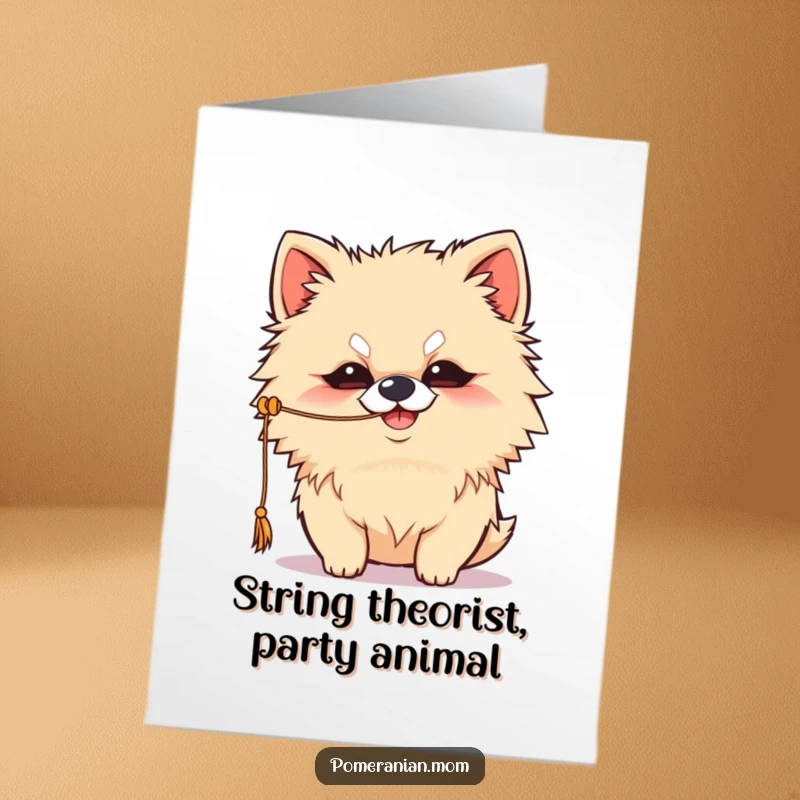 Funny Free Printable Kawaii Pomeranian birthday card, mischievous grin, batting playfully at a string, downloadable joy.