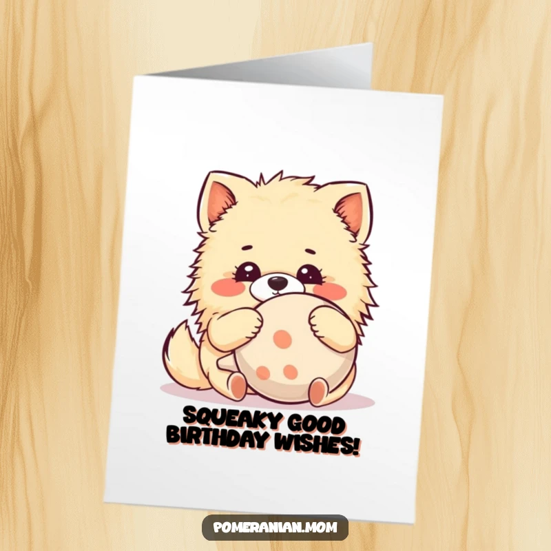 Funny Free Printable Kawaii Pomeranian Birthday Card: Adorable dog hugs a giant squeaky toy with pure delight. Diy gift.