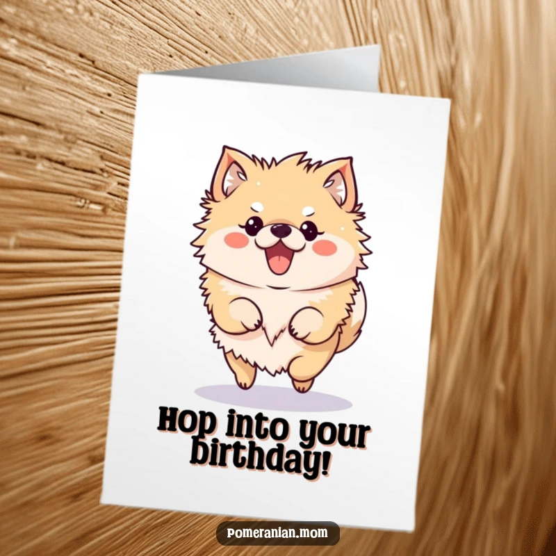 Funny Free Printable Pomeranian Birthday Card: A kawaii Pomeranian doing a funny, bouncy hop for a birthday.