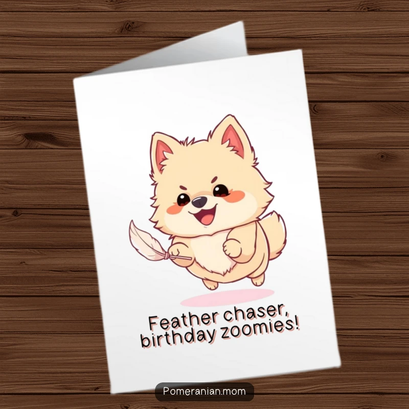 Funny Free Printable Birthday Card: Happy Pomeranian enthusiastically chasing a tiny feather, ready for birthday fun.