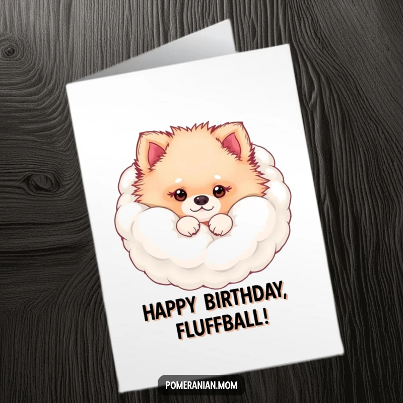 Funny Free Printable Birthday Card: A kawaii Pomeranian peeks from a fluffy fur cloud, offering a sweet birthday surprise.