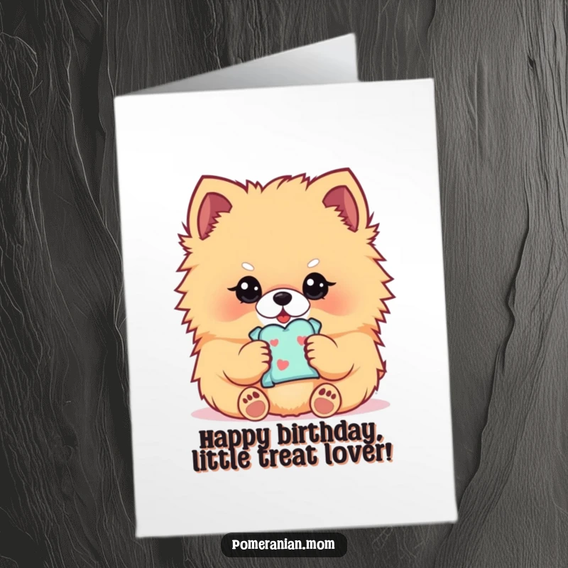 Funny Free Printable Birthday Card: Kawaii Pomeranian gently holding a tiny yummy treat in its paws, anticipating delight.