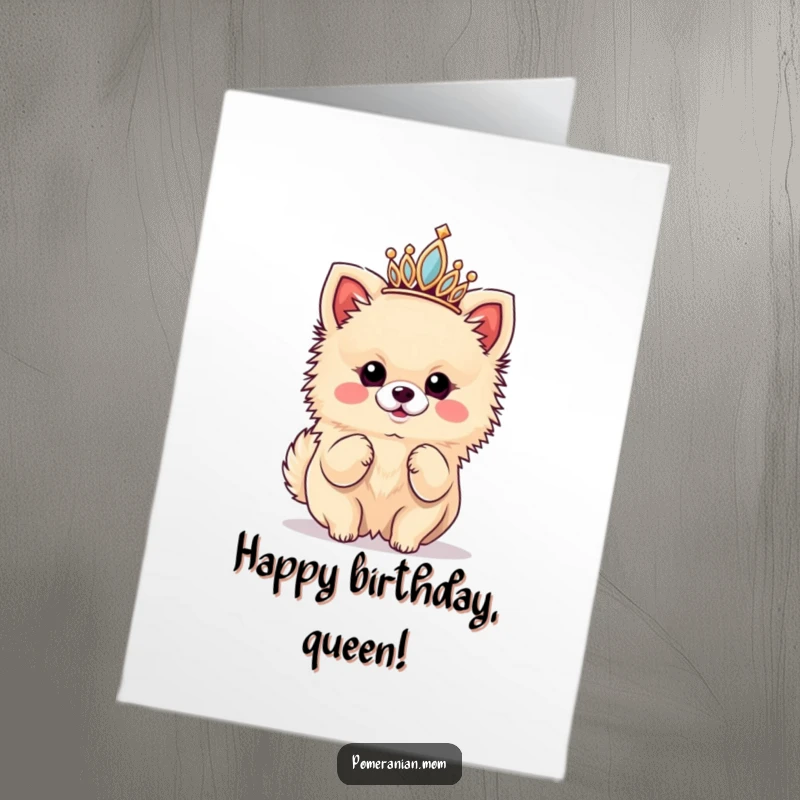 Funny Free Printable Birthday Card: Kawaii Pomeranian wearing a tiny tiara, striking a diva pose with fabulous flair.