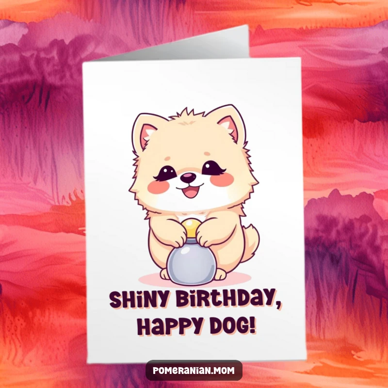 Funny Free Printable Birthday Card: Happy Pomeranian balancing a small shiny object, celebrating your birthday with skill.
