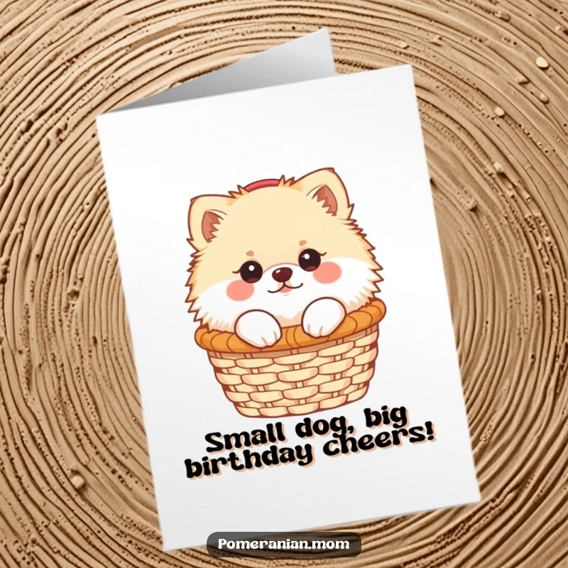 Funny Free Printable Birthday Card: Kawaii Pomeranian peeking adorably from a tiny basket, spreading birthday cheer with a smile.