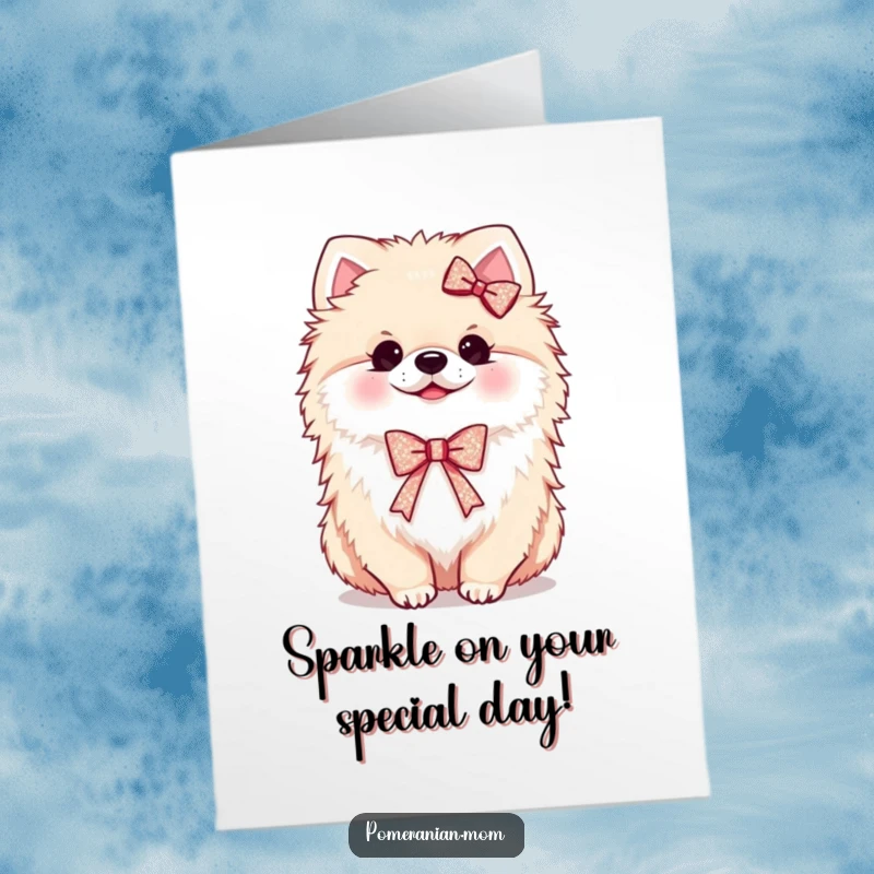 Funny Free Printable Birthday Card: Cute kawaii pomeranian wearing a tiny, sparkling ribbon with pride.
