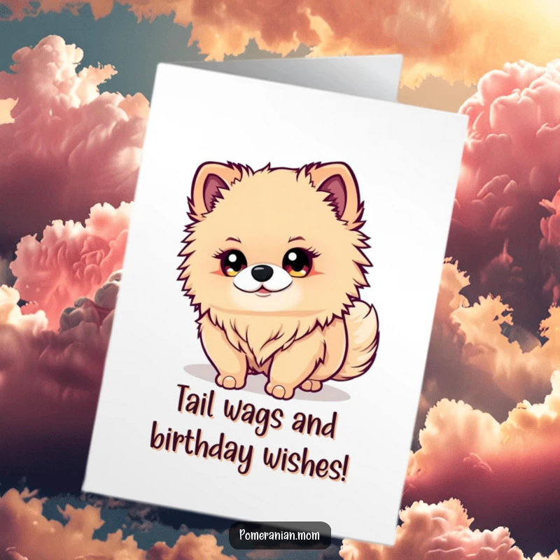 Funny Free Printable Kawaii Pomeranian Birthday Card: Dog watches own wagging tail with bright, sparkling, focused eyes. Diy gift.