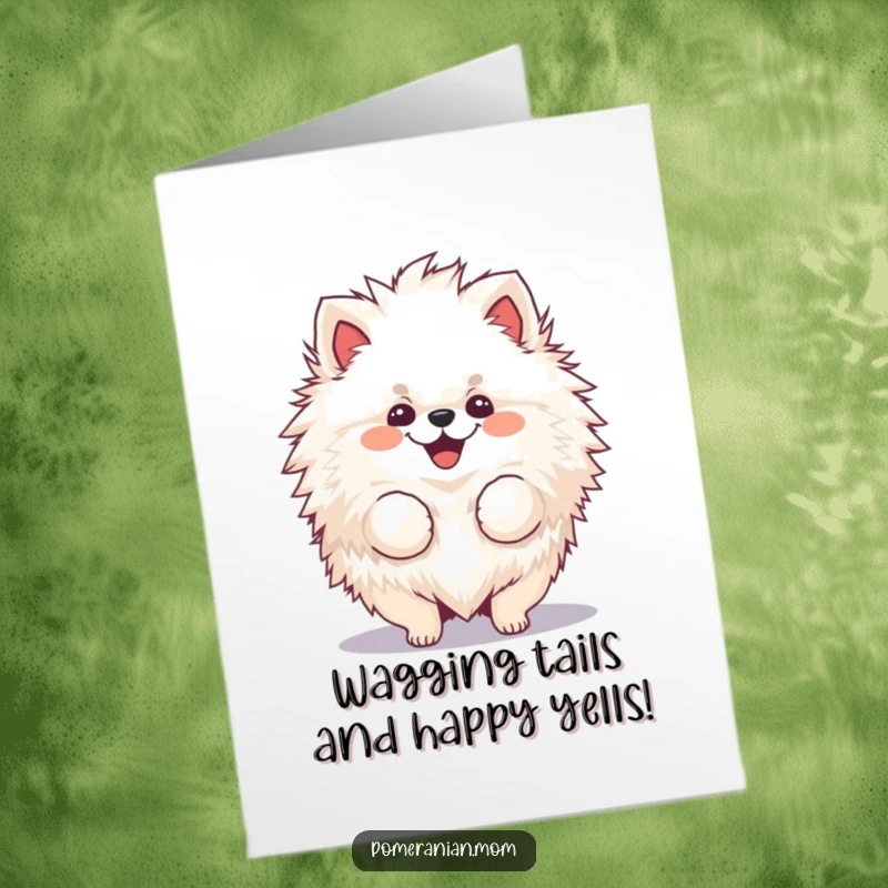 Funny free printable birthday card: A fluffy, cheerful Pomeranian joyfully shakes its voluminous fur, spreading birthday happiness.