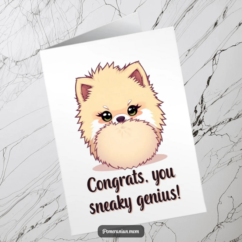 Funny Free Printable Congratulations Card: A Kawaii Pomeranian with a mischievous twinkle, hiding behind a large pom-pom, celebrating secretly.