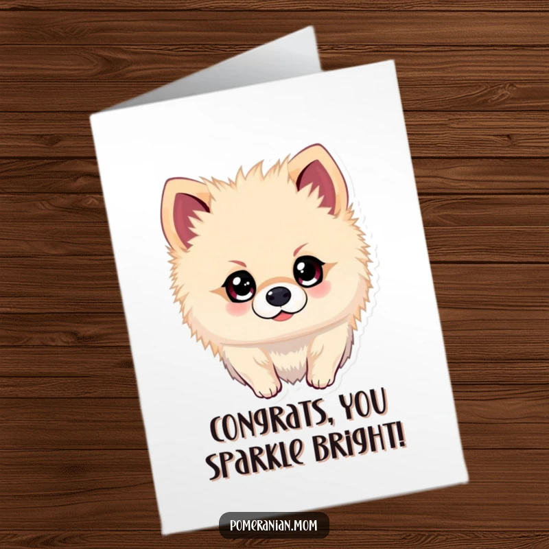 Funny Free Printable Congratulations Card: A Kawaii Pomeranian with bright, sparkling eyes, looking for adventure, celebrating new beginnings.