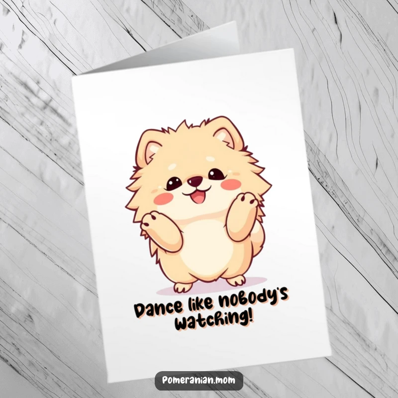 Funny Free Printable Congrats Card: A Kawaii Pomeranian is captured mid-happy dance, paws up in pure celebration.