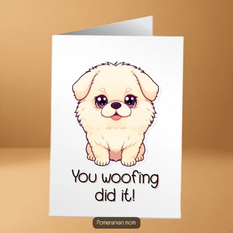 Funny free printable congratulations card showing a fluffy dog with big, sparkling, happy eyes.