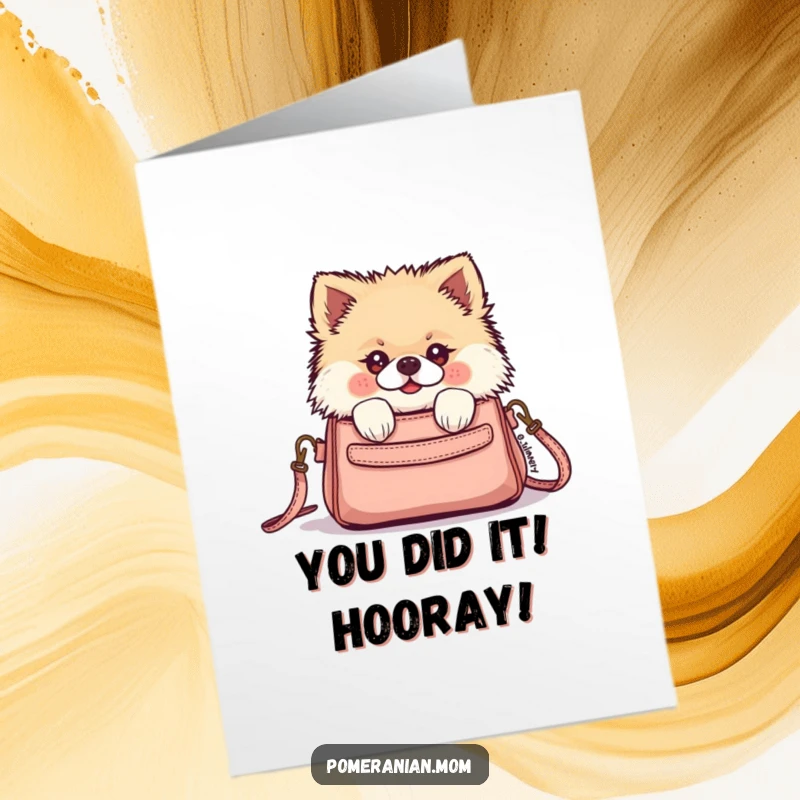 Funny Free Printable Congratulations Card with a kawaii Pomeranian peeking from a tiny purse, celebrating a big win.