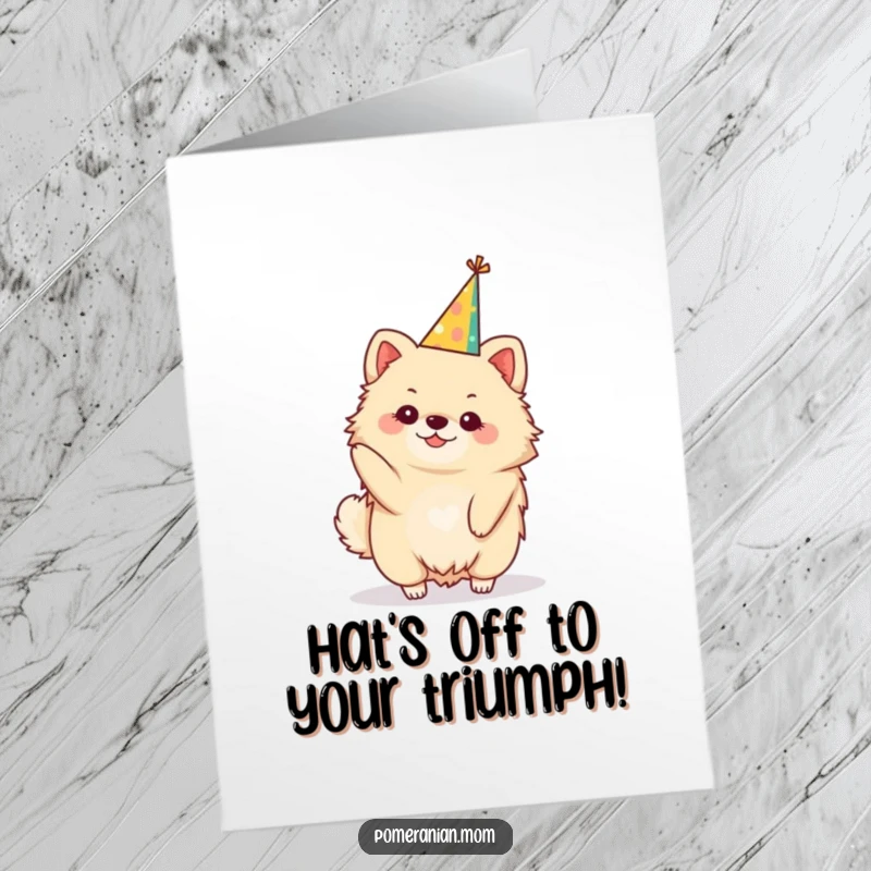 Funny Free Printable Congrats Card: Kawaii Pomeranian perfectly balancing a small, festive party hat in celebration.