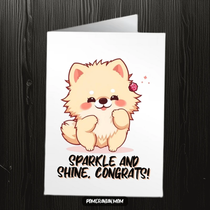 Funny Free Printable Congrats Card: Kawaii Pomeranian gleefully tossing a small, glittering accessory to celebrate.