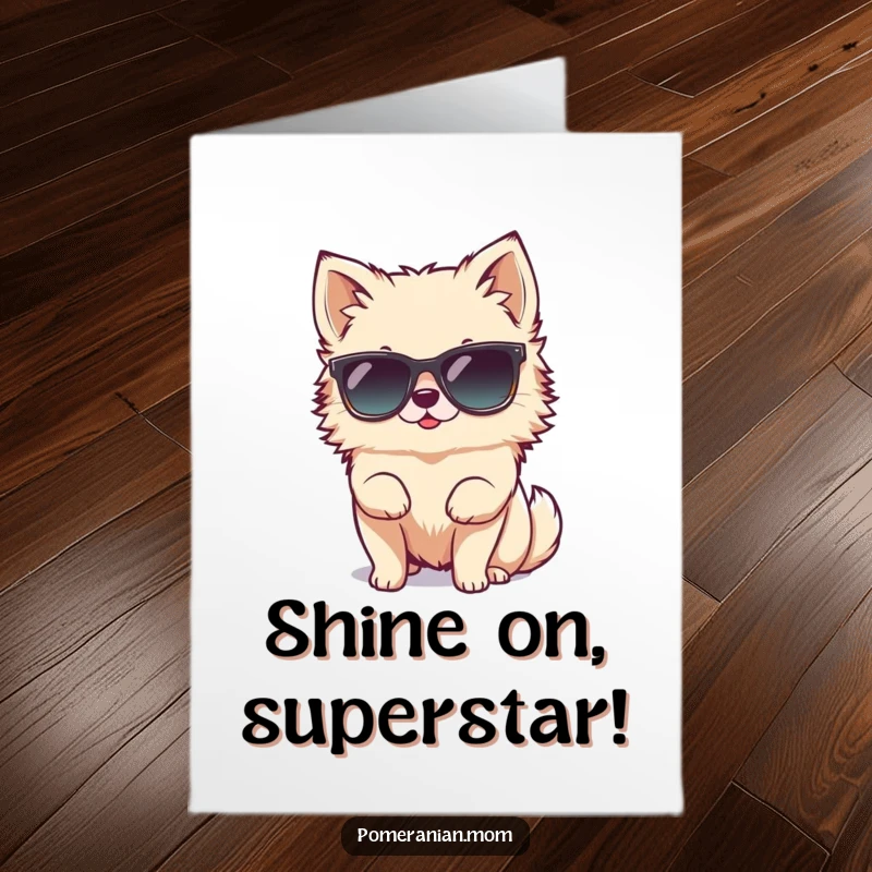 Funny Free Printable Congratulations Card featuring a tiny Pomeranian attempting to wear oversized sunglasses, looking incredibly cool.