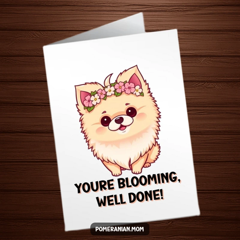 Funny Free Printable Congratulations Card: Kawaii Pomeranian with a perky tilt, wearing a miniature flower crown.
