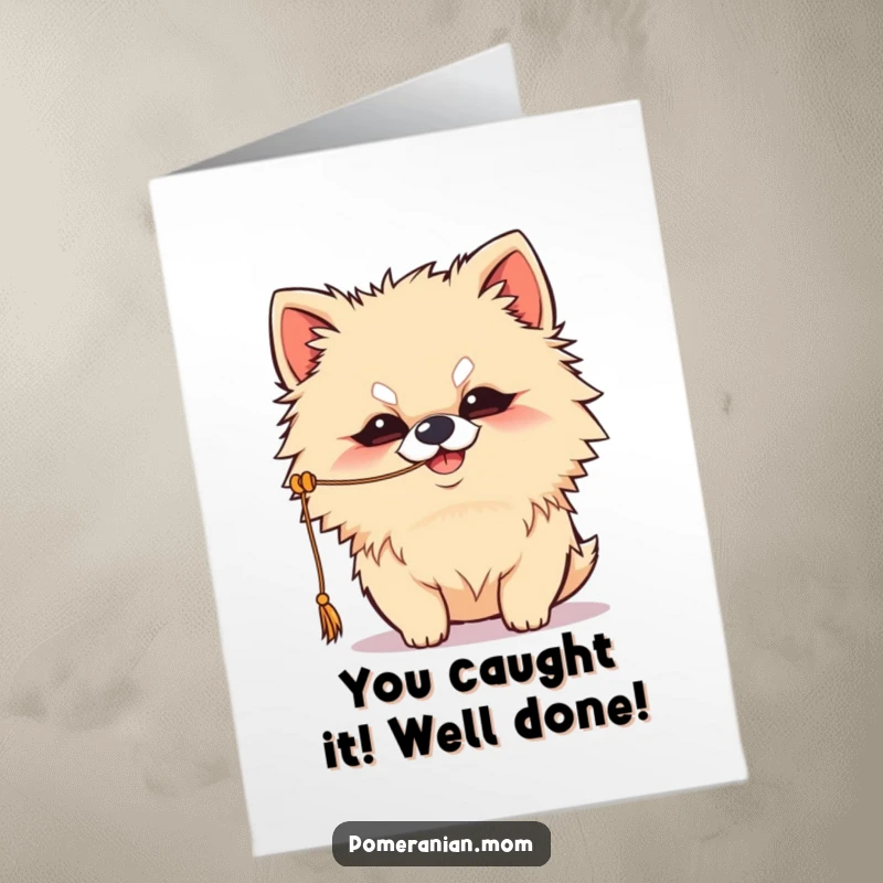 Funny Free Printable Kawaii Pomeranian congratulations card, mischievous grin, batting at a string, adorable celebration.