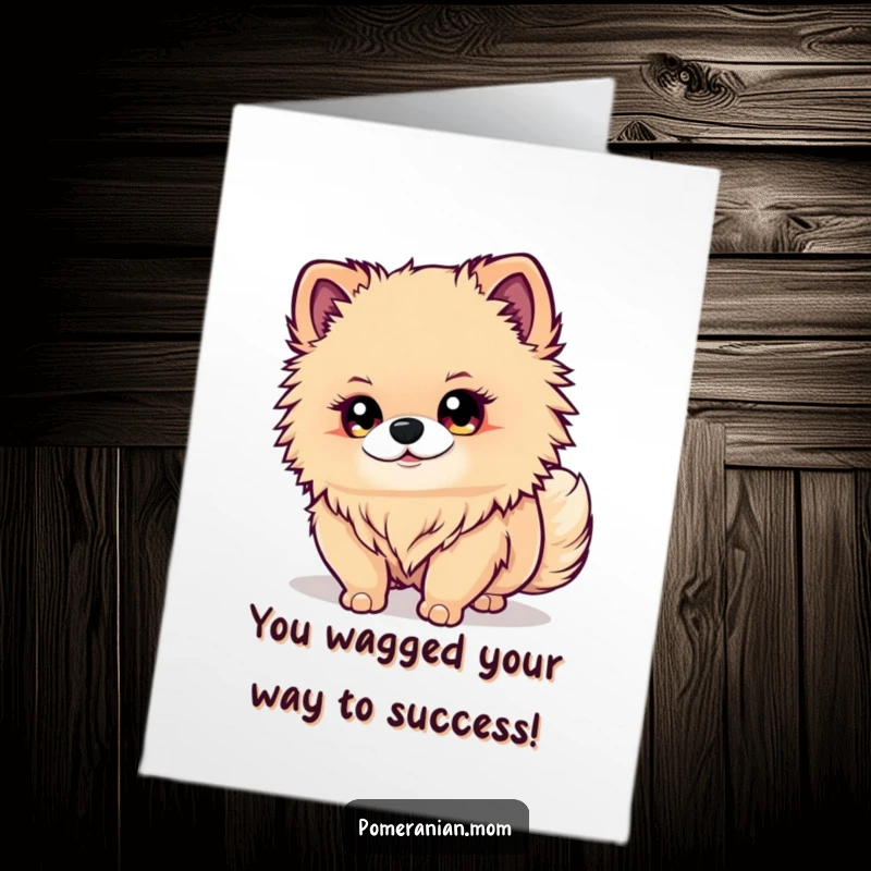 Funny Free Printable Kawaii Pomeranian Congratulations Card: Cute dog intently watches its own wagging tail with bright eyes. Downloadable art.
