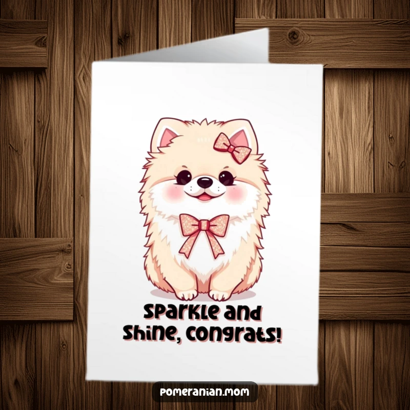 Funny Free Printable Congrats Card: Adorable kawaii pomeranian adorned with a small, glittering ribbon.