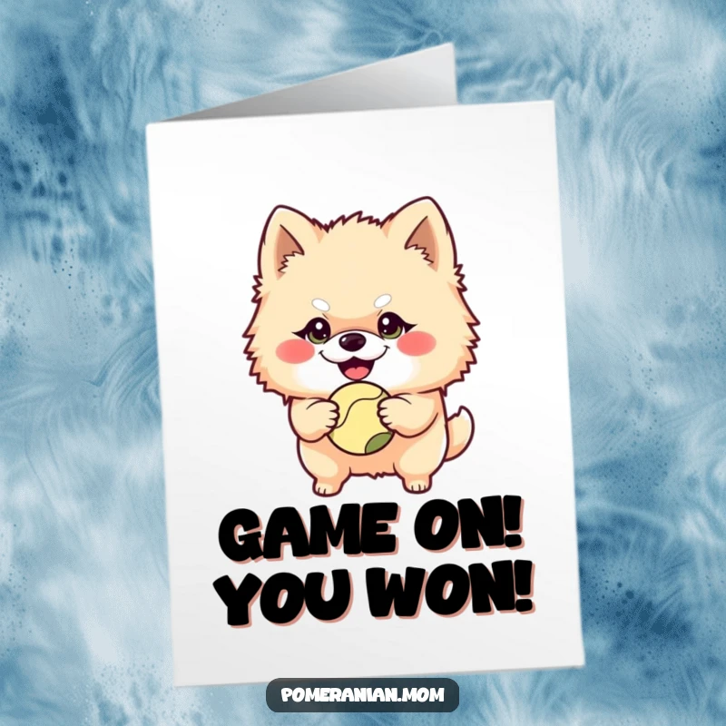 Funny Free Printable Congratulations Card featuring a mischievous Pomeranian with a grin, holding a ball, celebrating a great win.