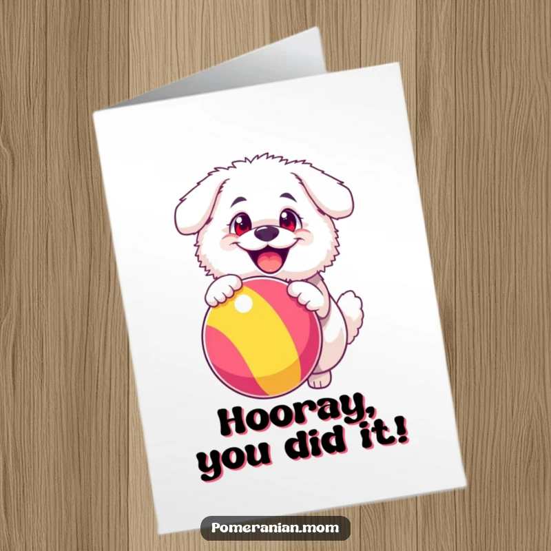 Funny Free Printable Congrats Card: Fluffy white dog with ecstatic eyes bounces a colorful ball, symbolizing exciting achievements and playful wins.